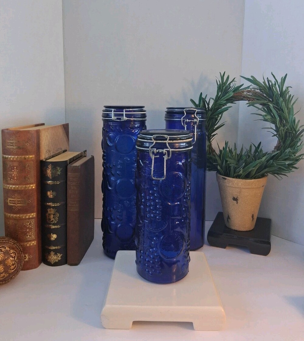 Vtg Set of 3! Canister Jars Cobalt Blue Glass 12-Panel Wire Bale Lids 13" & 10"